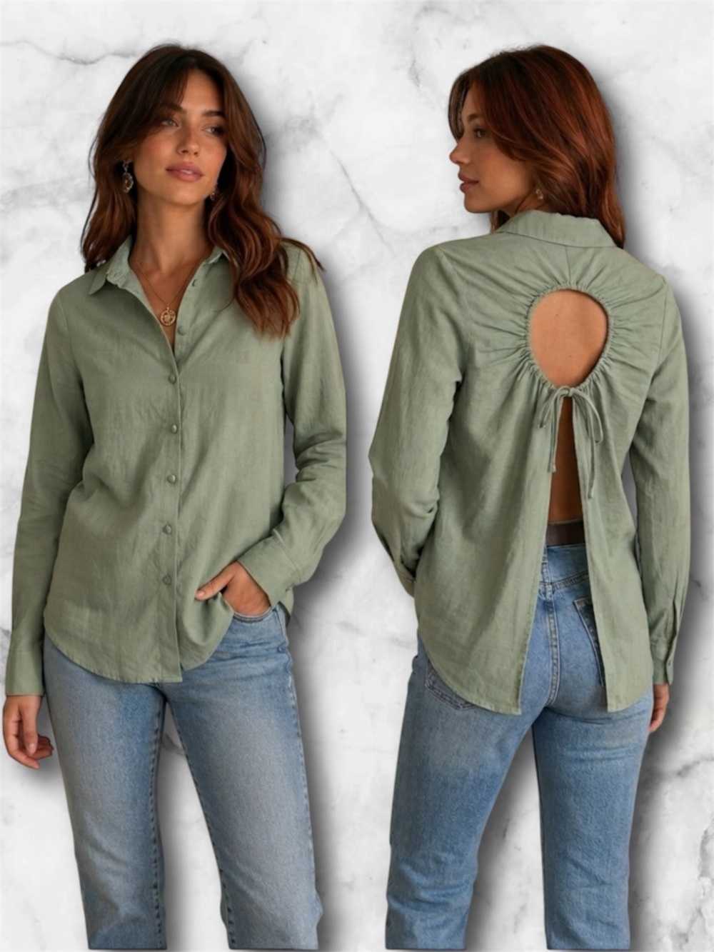 Zara Sage Green Linen Blend Open Keyhole Split Back Button-Down Blouse Size S